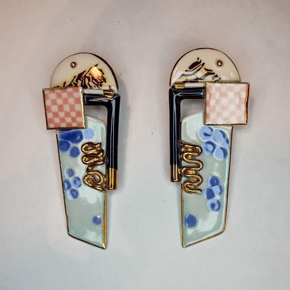 Vintage Cynthia Chuang "Jewelry 10" Hand-painted Porcelain Drop Earrings